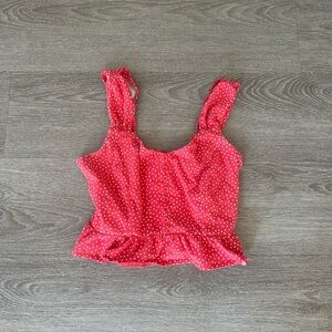 Forever 21 Red Polka Dot Crop Top Button Front Ruffle Hem Smocked Back